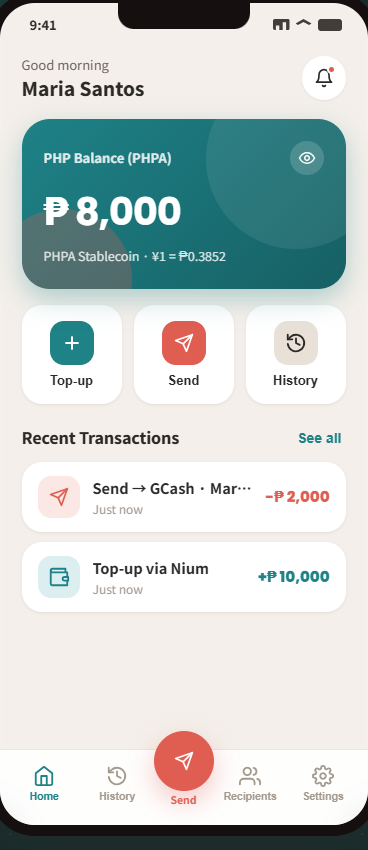Kapwa Wallet app home screen showing PHPA balance and recent transfers